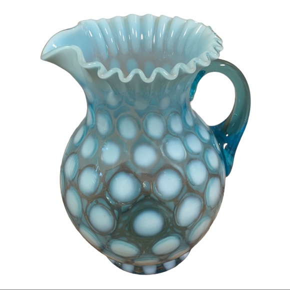 Vintage Opalescent Blue Coin Dot Ruffled Pitcher Collectible Glass - Picture 10 of 11
